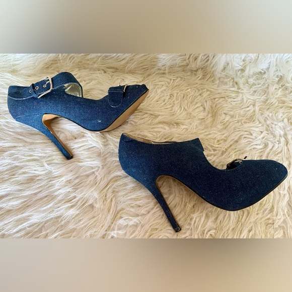 Vintage Bumper Denim Peep Toe Heels Buckle Strap High Heel Size 9 - Picture 6 of 8